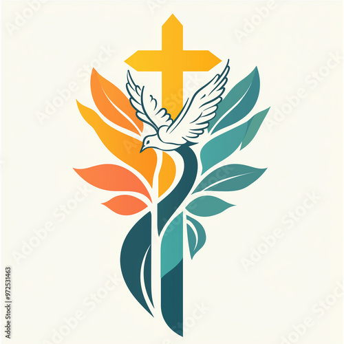 Christian cross with dove and colorful leaves illustration on light background with copy space photo