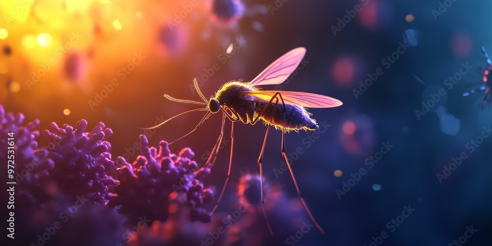 Naklejka premium A mosquito on a purple virus with a blurred background.