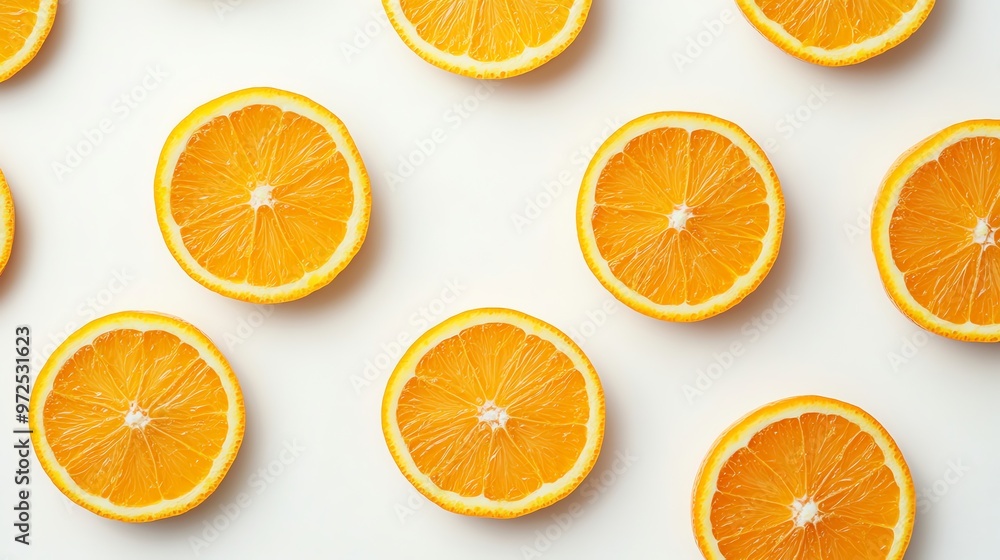 Fototapeta premium A flat lay of fresh orange slices arranged in a repeating pattern on a white background.