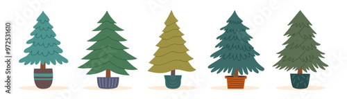 Set of potted Christmas trees isolated on white background. Sustainable Christmas concept.