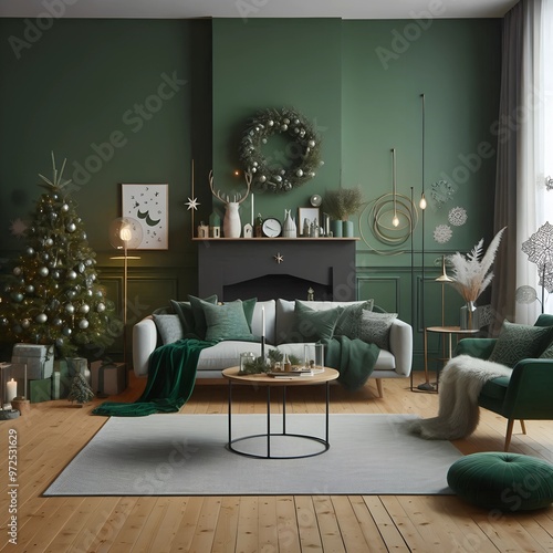 Interior design with green accents, christmas