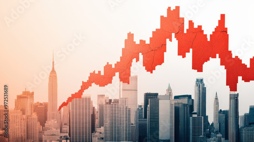 Abstract cityscape with a cracked financial graph overlay, symbolizing economic recession, Economic downturn, financial impact  photo