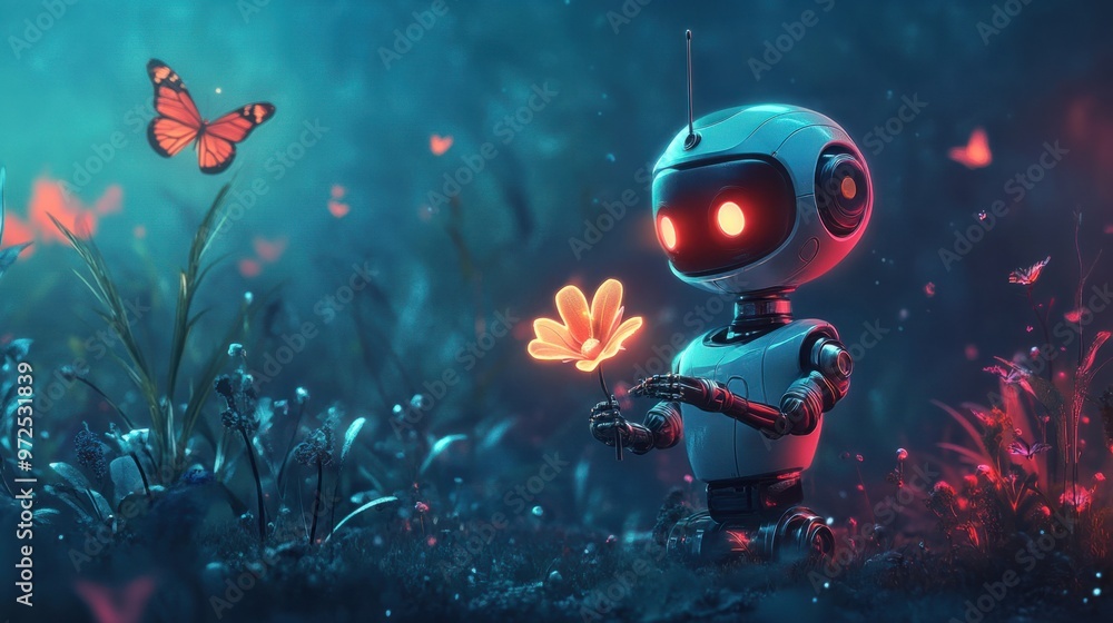 A smiling robot holding a glowing flower, standing in a field of glowing digital plants and butterflies A smiling robot holding a glowing flower, standing in a field of glowing digital plants and butterflies