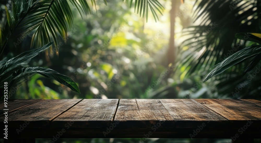 A wooden table in a lush, green tropical environment with sunlight filtering through foliage. A wooden table in a lush, green tropical environment with sunlight filtering through foliage.