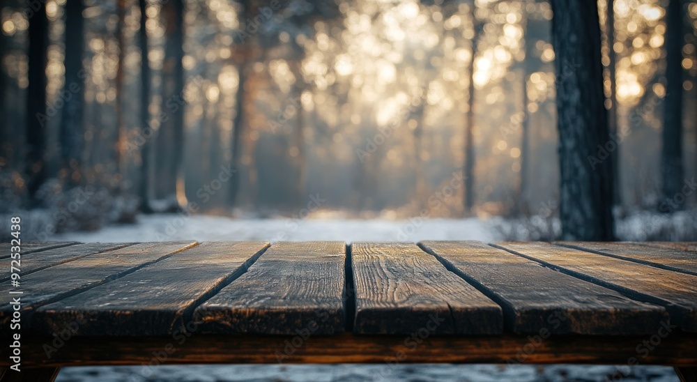 A wooden table in a misty forest setting, illuminated by soft sunlight. A wooden table in a misty forest setting, illuminated by soft sunlight.