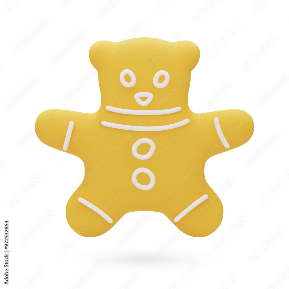 Obraz premium Christmas gingerbread in the shape of bear. Cookie covered by icing-sugar. Traditional holiday food. 3D Vector illustration isolated on white background.