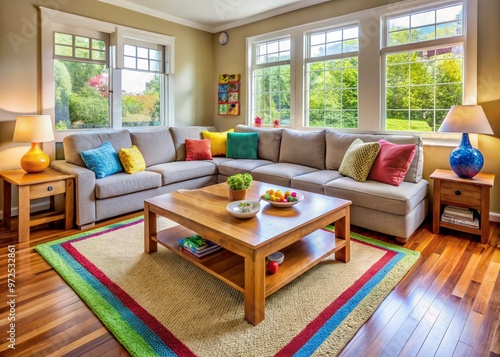 Cozy and inviting living room features plush sectional sofa, colorful rug, and sturdy wooden coffee table, creating a photo