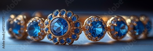 A close-up view of an elegant gold bracelet adorned with sparkling blue stones.