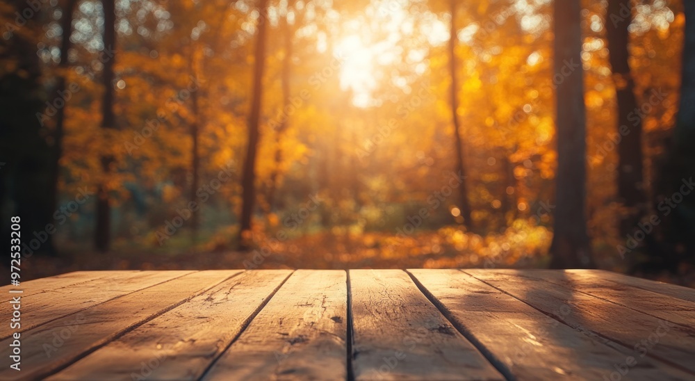 A serene wooden table in a sunlit forest during autumn. A serene wooden table in a sunlit forest during autumn.