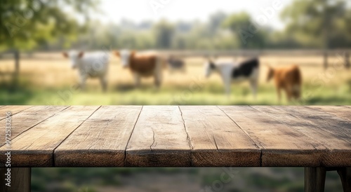 A wooden table in the foreground with blurred cows grazing in a sunny field.