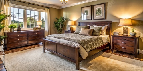 Cozy bedroom interior with dark wood furniture, plush carpet, and soft brown bedding, featuring a comfortable bed, photo