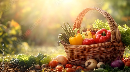 A full basket of fresh vegetables sits in a field on a sunny day.