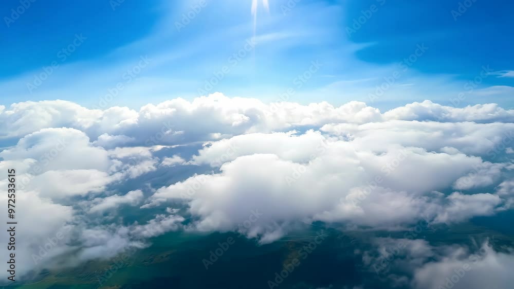 Bright sky view with fluffy white clouds and sunlight streaming through
Bright sky view with fluffy white clouds and sunlight streaming through