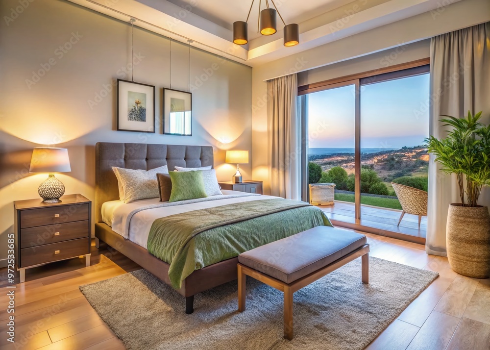 Cozy bedroom with affordable, modern furniture in a serene Cyprus setting featuring a comfortable bed, dresser, and Cozy bedroom with affordable, modern furniture in a serene Cyprus setting featuring a comfortable bed, dresser, and
