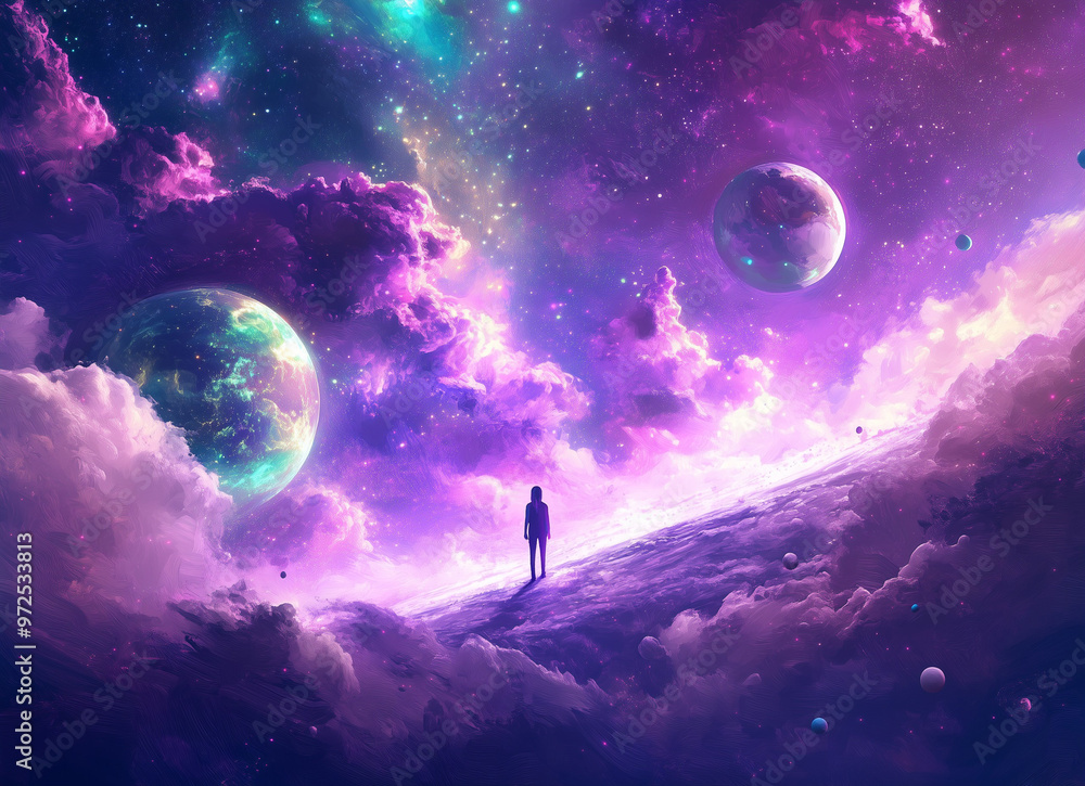 A woman standing in the center of an epic galaxy, surrounded by planets and stars in shades of purple, blue, and pink. A bright light shines down from above, creating a dreamy, fantasy wallpaper A woman standing in the center of an epic galaxy, surrounded by planets and stars in shades of purple, blue, and pink. A bright light shines down from above, creating a dreamy, fantasy wallpaper
