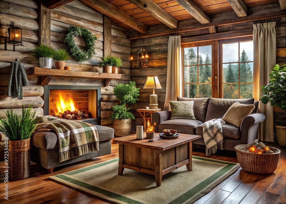 Cozy cabin-style interior with rustic wood accents, plush throw blankets, and vintage decor, evoking warmth and Cozy cabin-style interior with rustic wood accents, plush throw blankets, and vintage decor, evoking warmth and