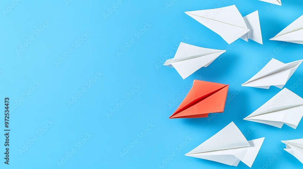 A single red paper airplane stands out from a group of white paper airplanes against a blue background. A single red paper airplane stands out from a group of white paper airplanes against a blue background.
