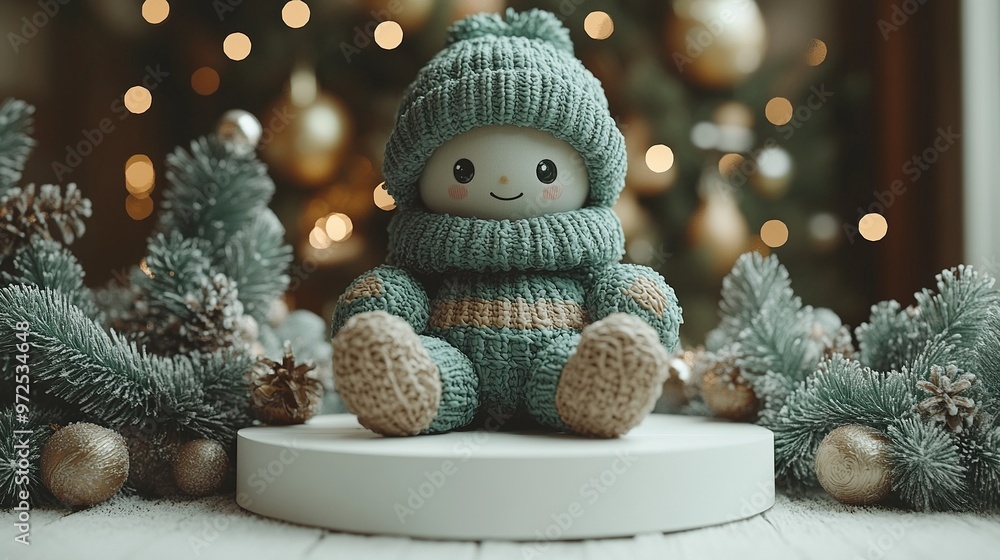 Obraz premium 3d render green christmas tree cartoon character with mannequin legs sits on white platform podium minimal seasonal clip art unique toy
