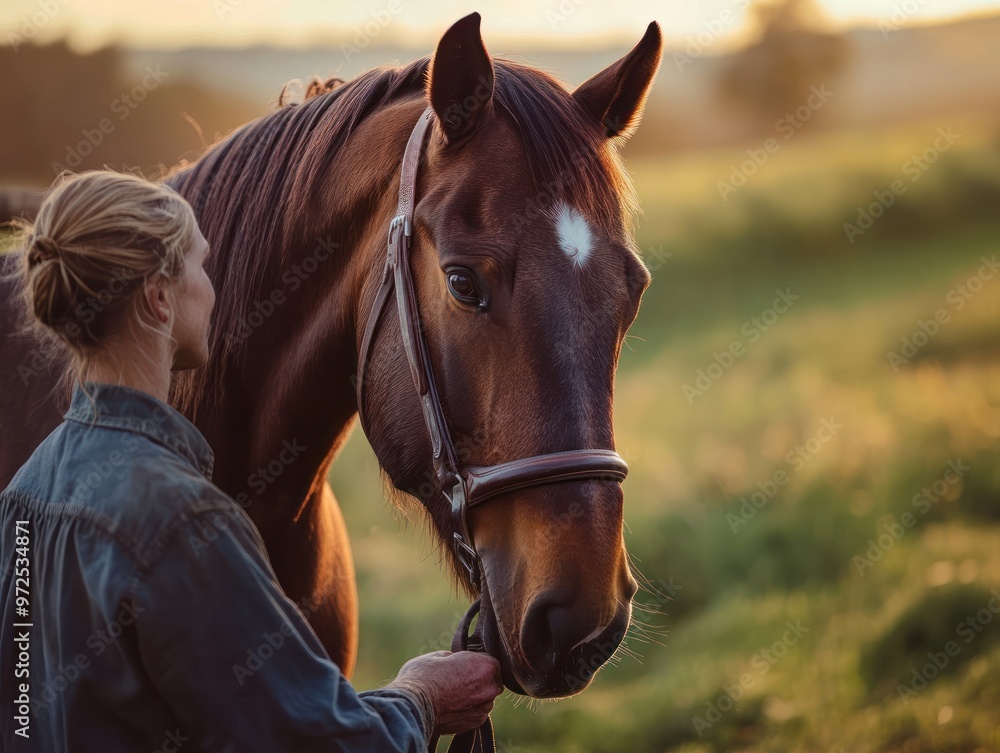Fototapeta premium A person gently interacts with a horse in a serene, sunlit outdoor setting.