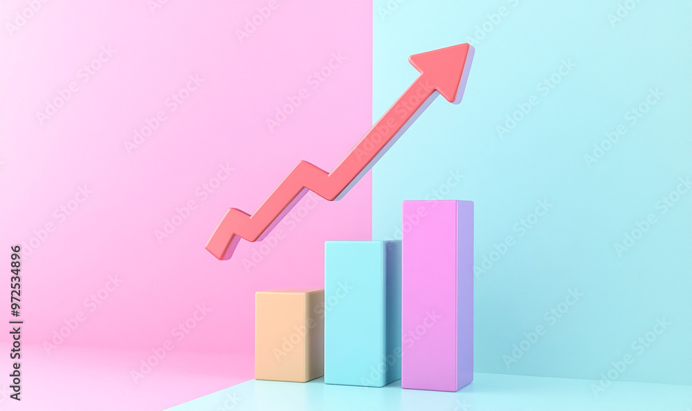 A 3D icon of business growth chart with pastel background, featuring pink arrow pointing upwards, symbolizing success and progress A 3D icon of business growth chart with pastel background, featuring pink arrow pointing upwards, symbolizing success and progress