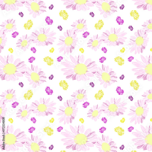 Pattern con delicati fiori lilla e gialli