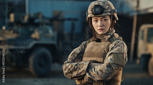 Central Asian Female Soldier in Military Uniform Standing Confidently in Front of Armored Vehicles