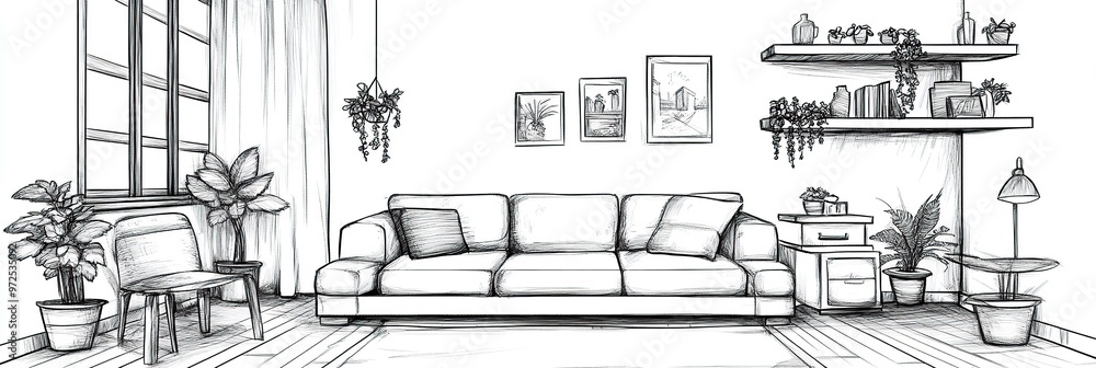 Line interior home art room design illustration outline sketch furniture Line interior home art room design illustration outline sketch furniture
