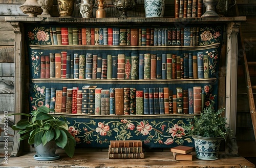  A bookshelf adorned with a vibrant tapestry of various books. photo