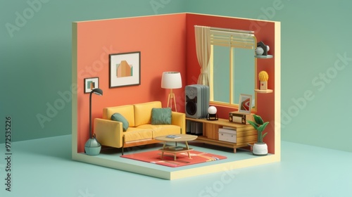 Wallpaper Mural An isometric view of a living room designed in a Muji style, created as a digital art piece in 3D rendering Torontodigital.ca