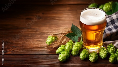 Glass of Beer with Green Hops and Checkered Plaid on a Wooden Background