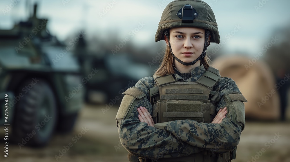 Proud Young Polish Female Soldier in Tactical Gear Outdoors, Arms Crossed, Military Vehicles in the Background for Defense Concept Proud Young Polish Female Soldier in Tactical Gear Outdoors, Arms Crossed, Military Vehicles in the Background for Defense Concept