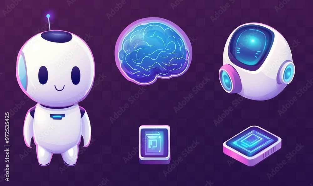 An illustration of a futuristic set of AI Robots on a blue background. A robot bot chatting on a chatbot. An artificial icon in 3D. An illustration of a futuristic set of AI Robots on a blue background. A robot bot chatting on a chatbot. An artificial icon in 3D.