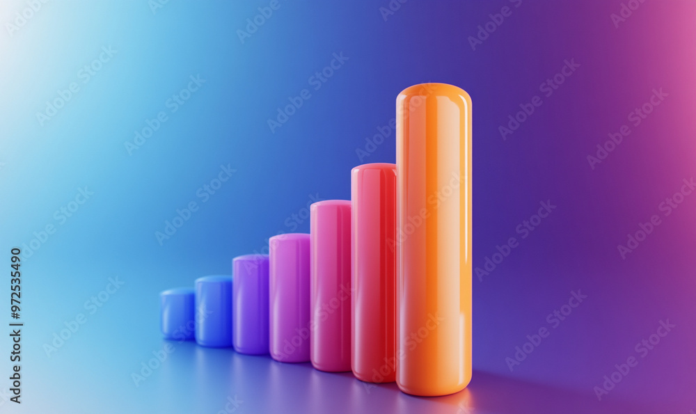 A colorful 3D icon of business growth chart with plastic material, showing gradient bar graph on vibrant background A colorful 3D icon of business growth chart with plastic material, showing gradient bar graph on vibrant background