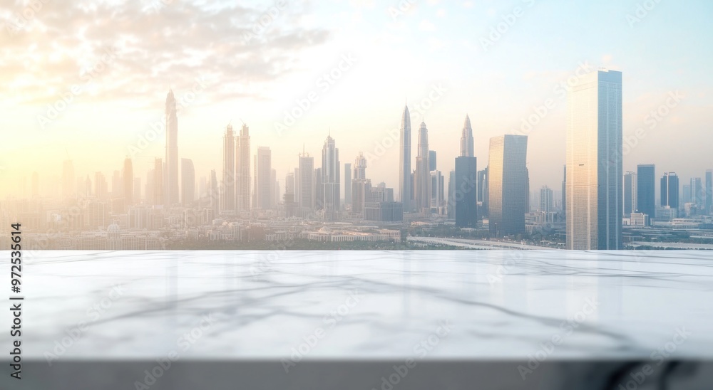 A scenic view of a city skyline at sunrise, with a marble foreground. A scenic view of a city skyline at sunrise, with a marble foreground.
