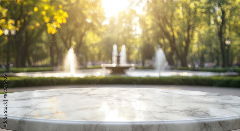 A serene park scene featuring a marble table in the foreground and a fountain in the background. A serene park scene featuring a marble table in the foreground and a fountain in the background.