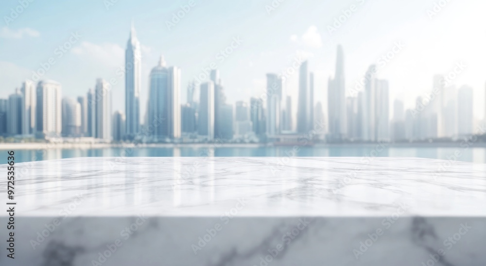 A serene view of a city skyline with a reflective surface in the foreground. A serene view of a city skyline with a reflective surface in the foreground.