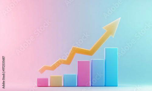 A colorful 3D icon of business growth chart with an upward arrow, symbolizing success and progress. chart is set against gradient background