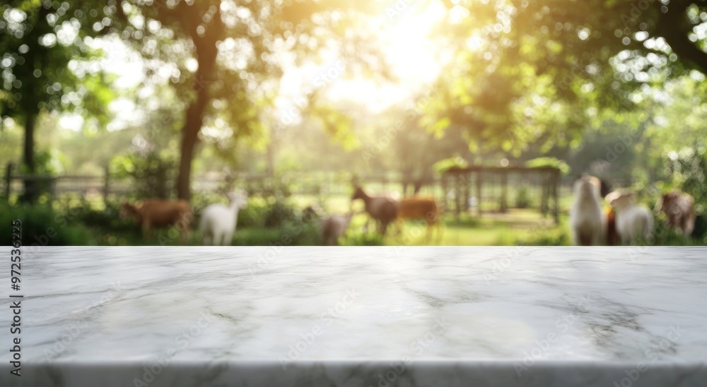 A marble table in a sunlit outdoor setting with animals in the background. A marble table in a sunlit outdoor setting with animals in the background.
