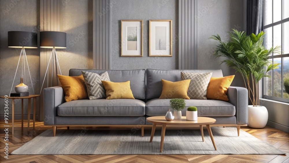 Upholstered in a subtle modern grey, the sleek sofa exudes elegance, complemented by vibrant throw pillows and dramatic Upholstered in a subtle modern grey, the sleek sofa exudes elegance, complemented by vibrant throw pillows and dramatic