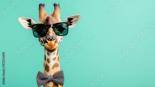 A giraffe wearing sunglasses and a bowtie smiles at the camera against a turquoise background.