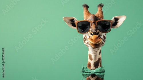 A giraffe wearing sunglasses and a bow tie looks directly at the camera. photo