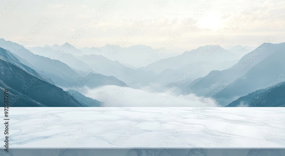A serene mountain landscape with a marble surface in the foreground. A serene mountain landscape with a marble surface in the foreground.