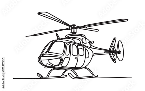 Continuous one line art drawing black outline art. hand drawn sketch of a helicopter in the air graphic design modern illustration vector on white