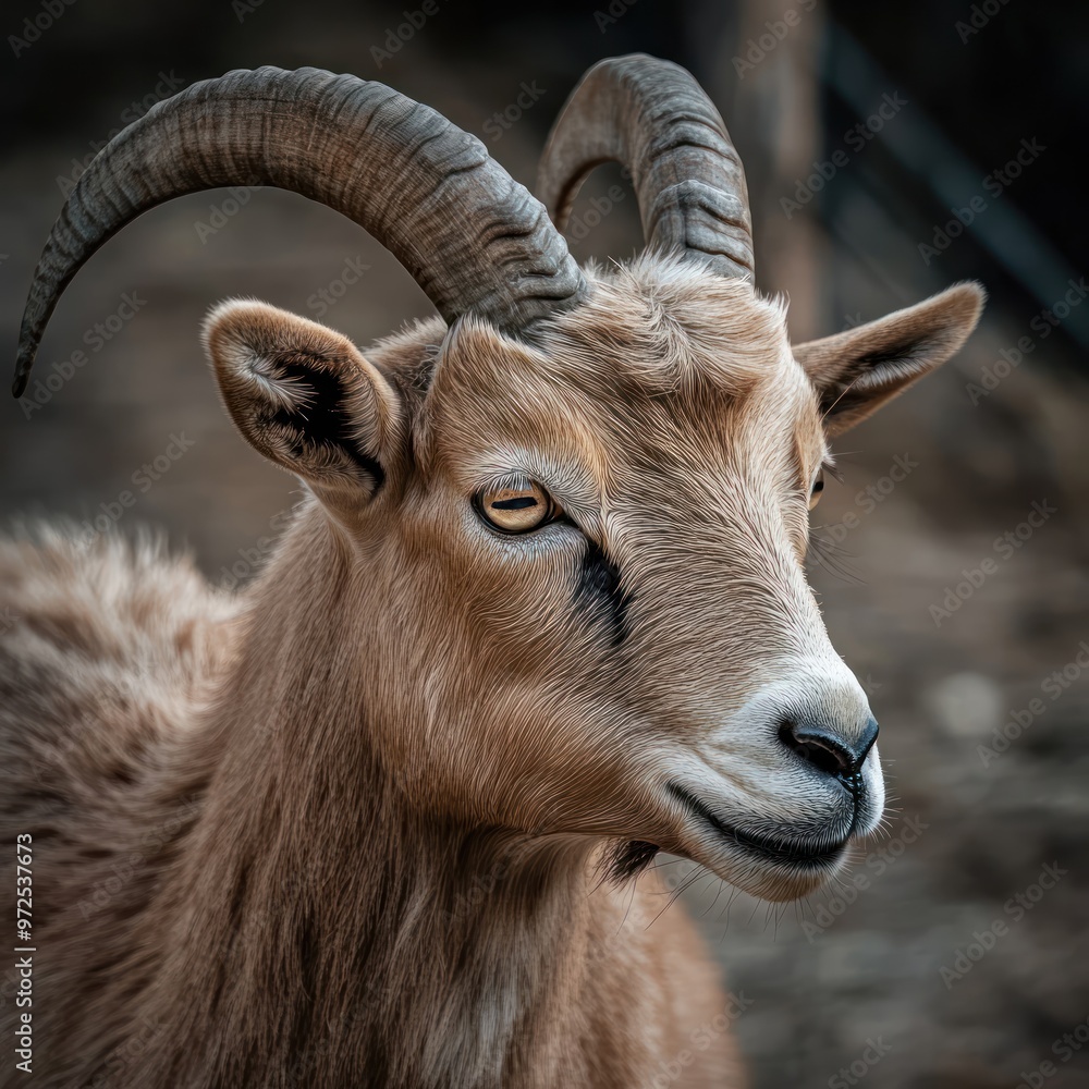 A close-up of a goat with prominent horns and a calm expression. A close-up of a goat with prominent horns and a calm expression.