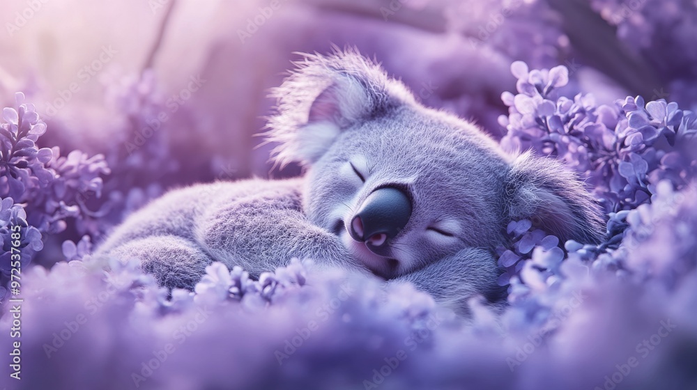Lavender background with a baby koala snuggled up. Lavender background with a baby koala snuggled up.