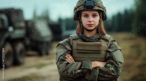 Young Polish Female Soldier Standing Proudly with Arms Crossed in Military Uniform, Highlighting Courage and Strength