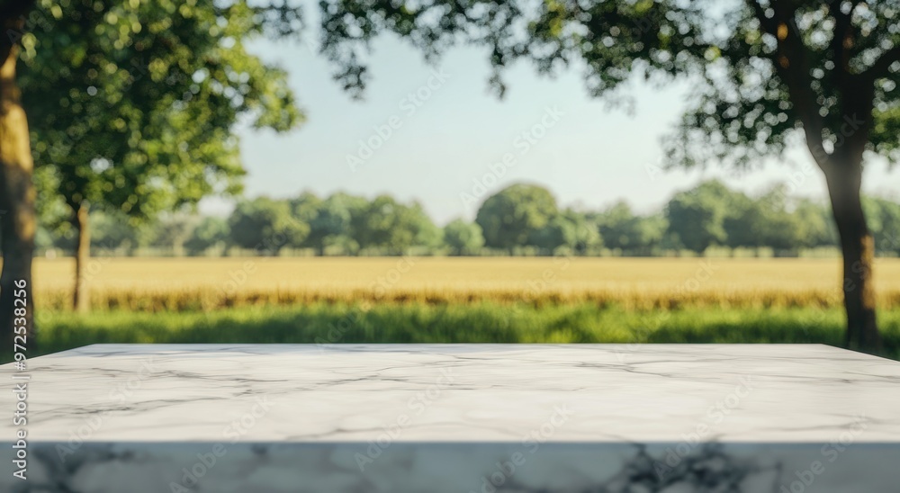 A marble table in a serene outdoor setting with trees and a field in the background. A marble table in a serene outdoor setting with trees and a field in the background.