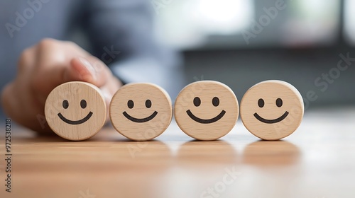 Four wooden smiley faces, the first one being slightly closer to the camera, sit on a light-colored wooden table. The background is out of focus.