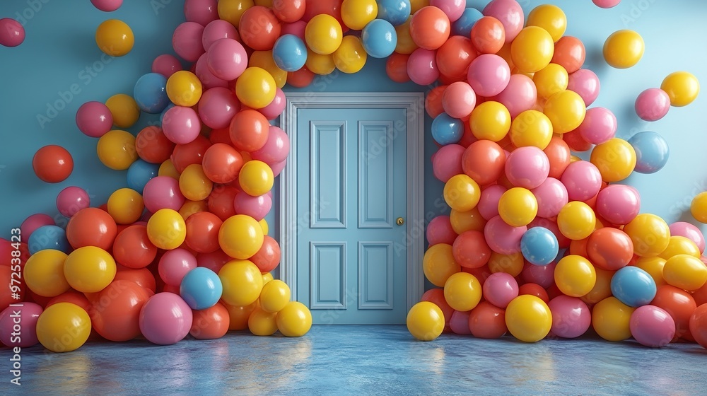 Fototapeta premium 3d render multicolore3d balls fall outside the open blue door party wallpaper surprise concept