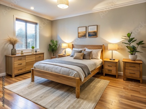 Cozy Sydney bedroom featuring affordable wooden furniture, including a queen-sized bed, nightstand, and dresser, with photo